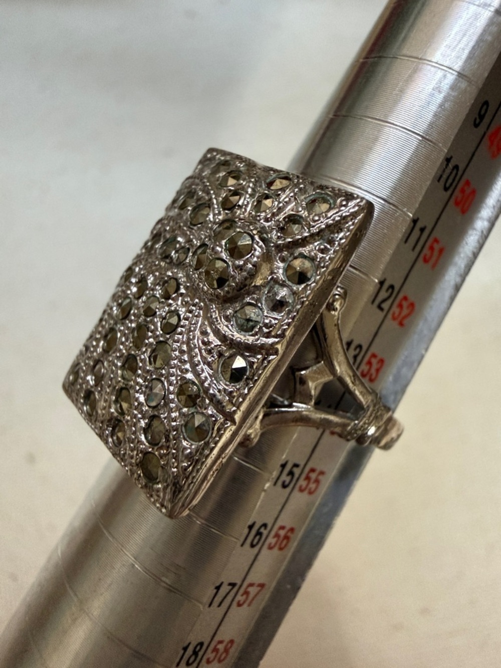 Sterling Silver 925 Marcasite Pavé Rectangular Statement Ring size 6.25 - Picture 3 of 12